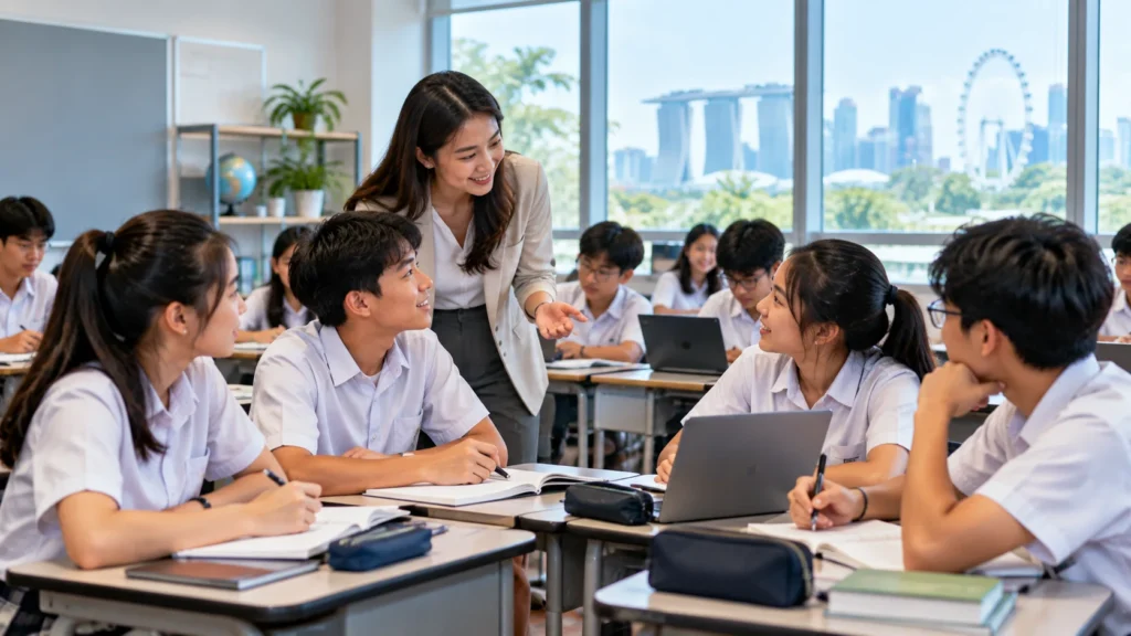 Singapore secondary school students learning together with a teacher in a modern classroom