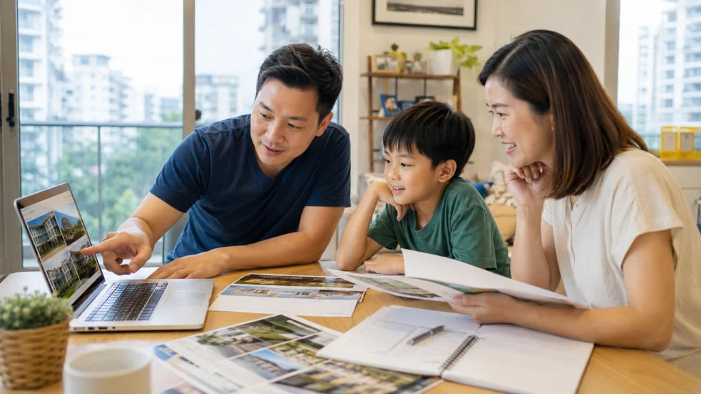 Singapore Parents Comparing Primary School Choices at Home Singapore parents discussing primary school choices with their young child at home while reviewing school options on a laptop.