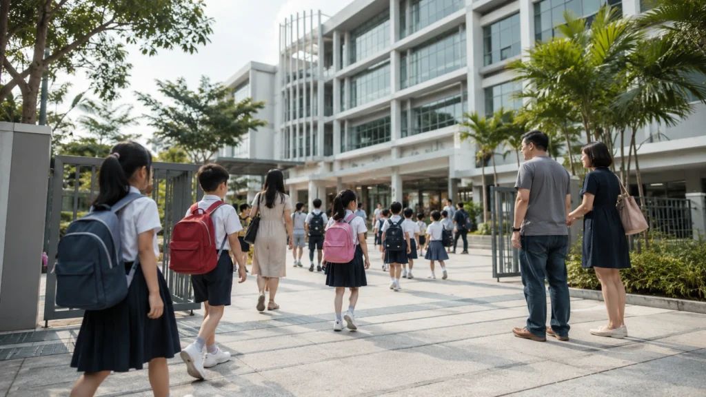 Singapore Primary School Students Entering Modern School Campus Singapore primary school students entering a modern school campus with parents and tropical surroundings
