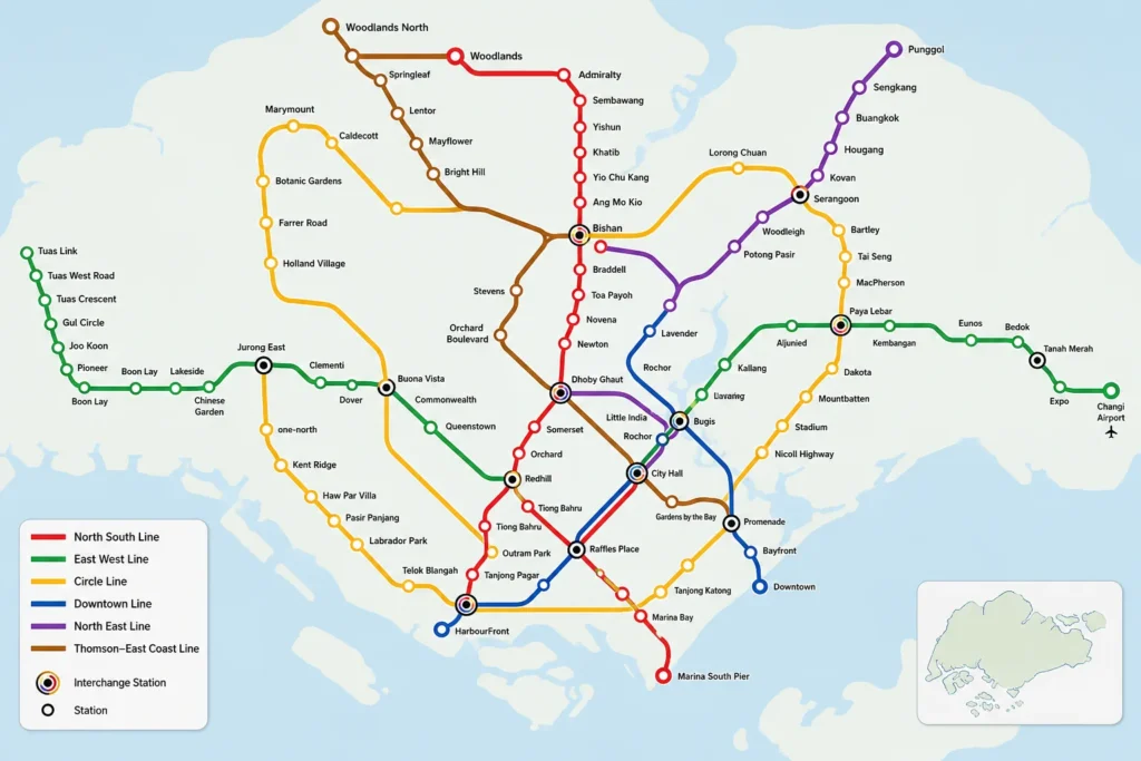 Detailed Singapore MRT map showing the North South, East West, Circle, Downtown, North East, and Thomson-East Coast MRT lines with major interchange stations across Singapore.

