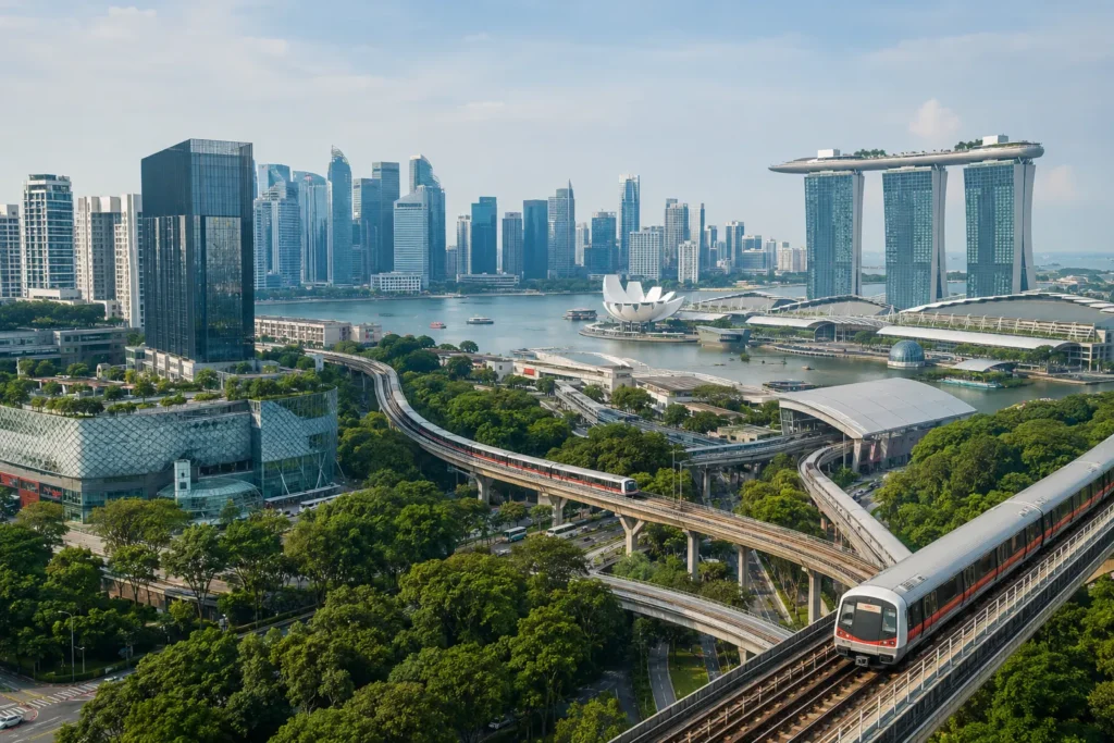 Realistic aerial view of the Singapore MRT network featuring modern trains, Marina Bay, Orchard Road, and the Singapore skyline under bright daylight.