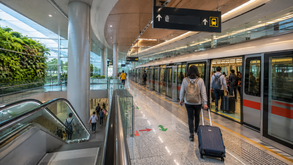 Changi Airport MRT Passenger Journey Passengers with luggage boarding an MRT train near Singapore Changi Airport