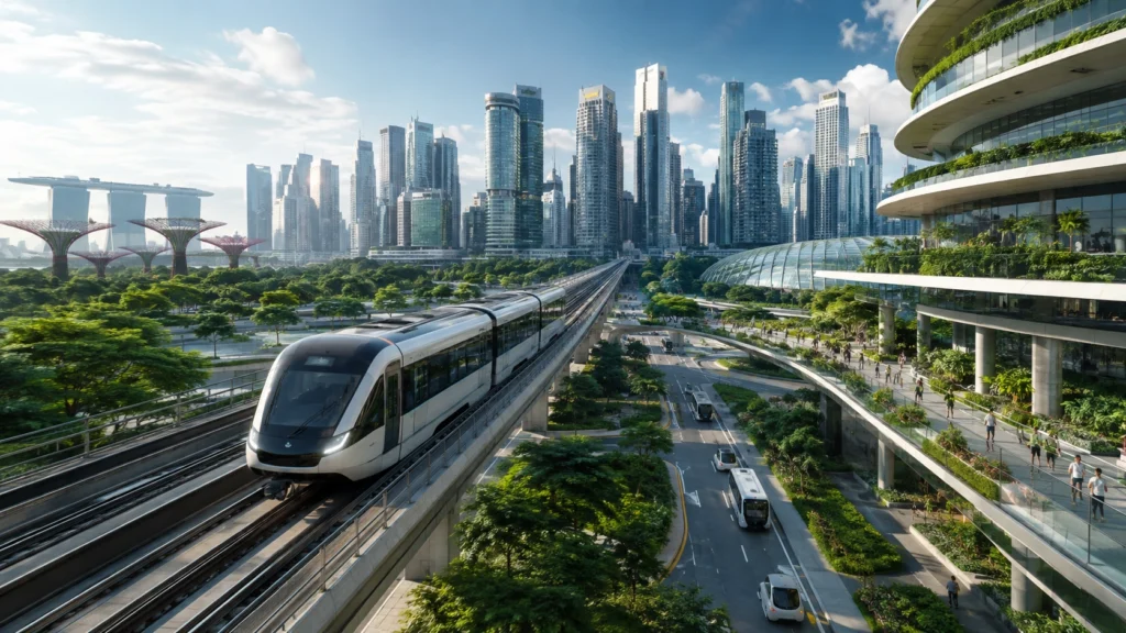 Future Singapore Transportation and Smart MRT Infrastructure Advanced Singapore MRT train traveling through a futuristic smart city with green spaces, modern skyline, and sustainable public transport infrastructure.
