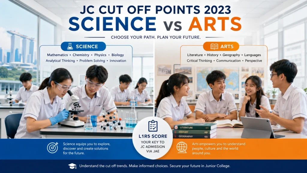 JC Cut Off Points 2023: Science vs Arts JC Cut Off Points 2023 Science vs Arts comparison graphic showing Singapore Junior College students, L1R5 scores, science subjects, and humanities subjects.