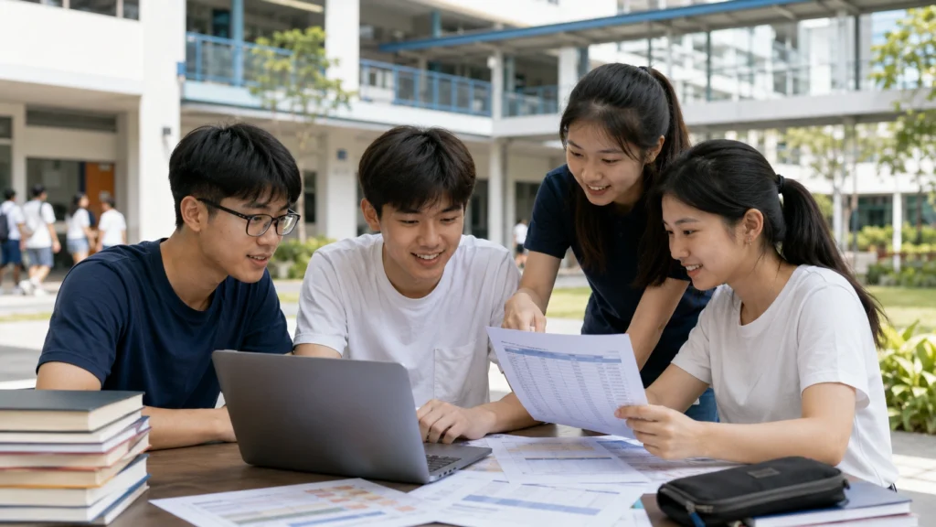 Singapore students comparing JC cut off points 2026 and junior college admission scores using charts and a laptop