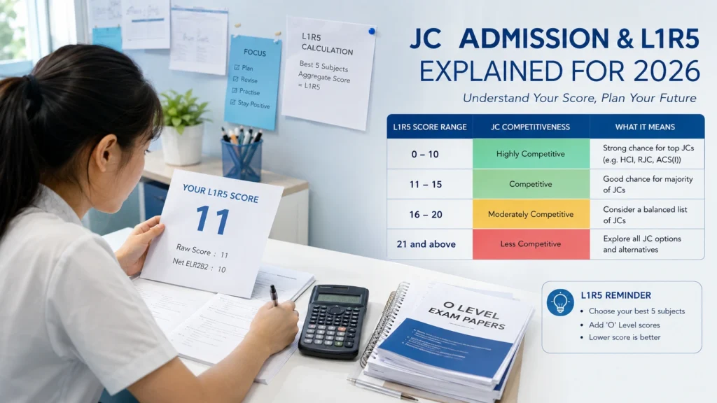 Singapore JC admission and L1R5 scoring 2026 infographic with student, calculator and score chart