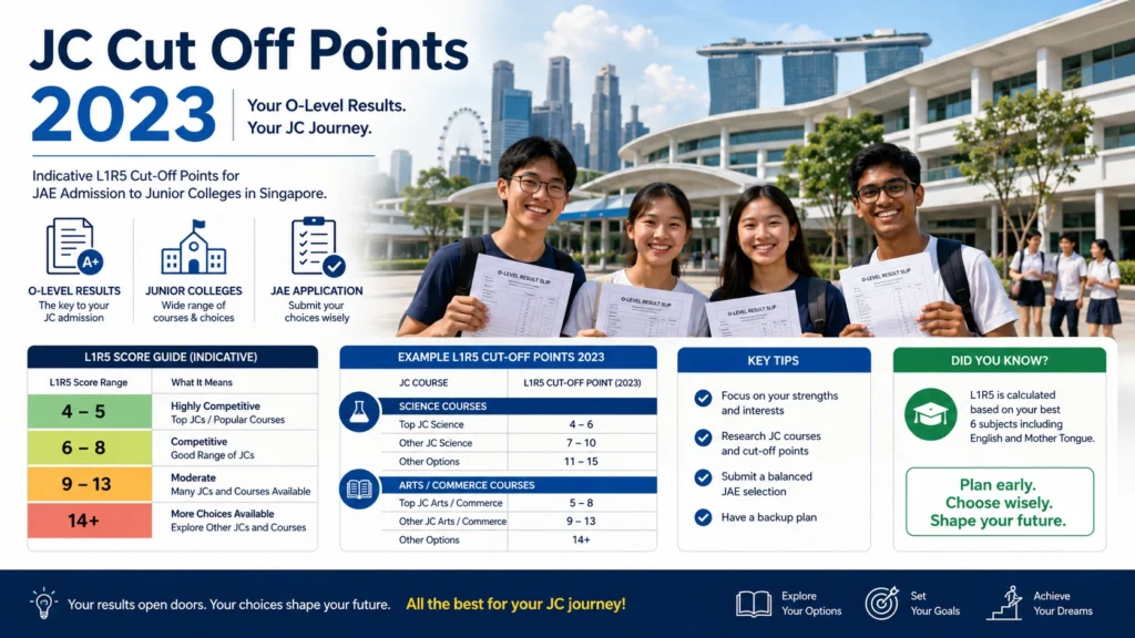 JC Cut Off Points 2023 Singapore JC Cut Off Points 2023 Singapore infographic showing L1R5 scores, Junior College admission cut-off points, O-Level students, and a modern Singapore JC campus.