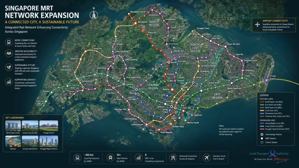 Singapore MRT Network Expansion Map – Future Railway Lines & Transport Connectivity Top-view realistic visualization of the Singapore MRT network expansion showing multiple railway lines, MRT stations, interchange hubs, airport connection routes