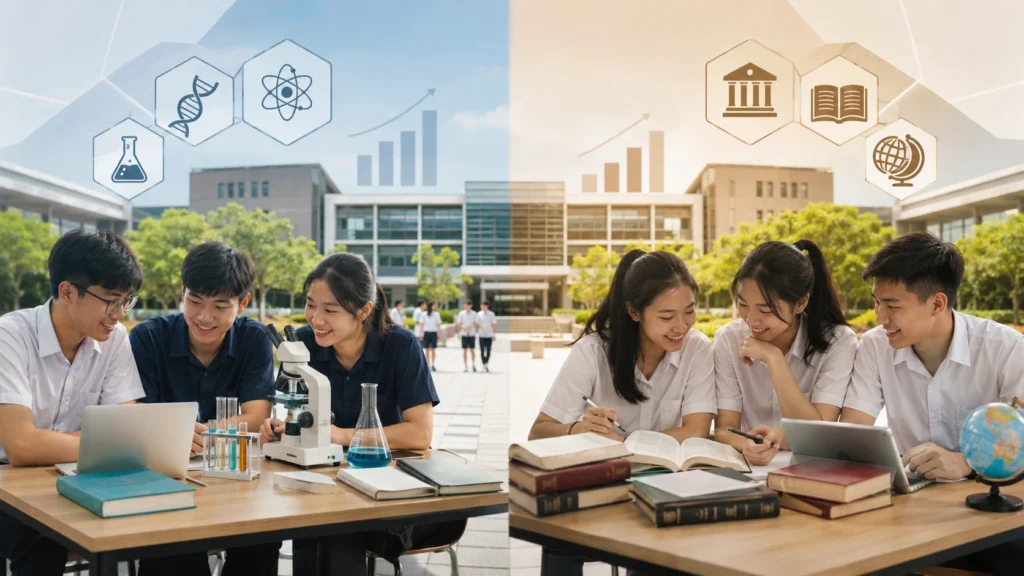 Singapore junior college students comparing Science and Arts pathways