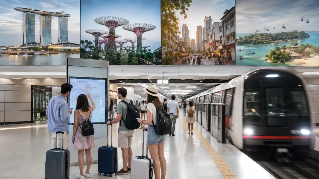 Modern Singapore MRT train arriving at a clean underground station as tourists with travel bags check route information, with subtle views inspired by Marina Bay Sands
