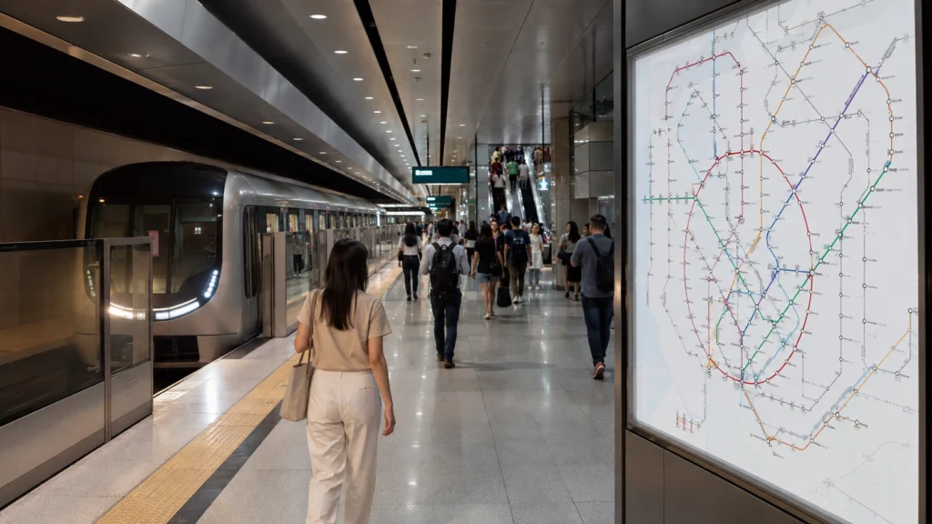 Singapore MRT connections showing a modern train at an underground interchange station with commuters and multiple MRT lines.