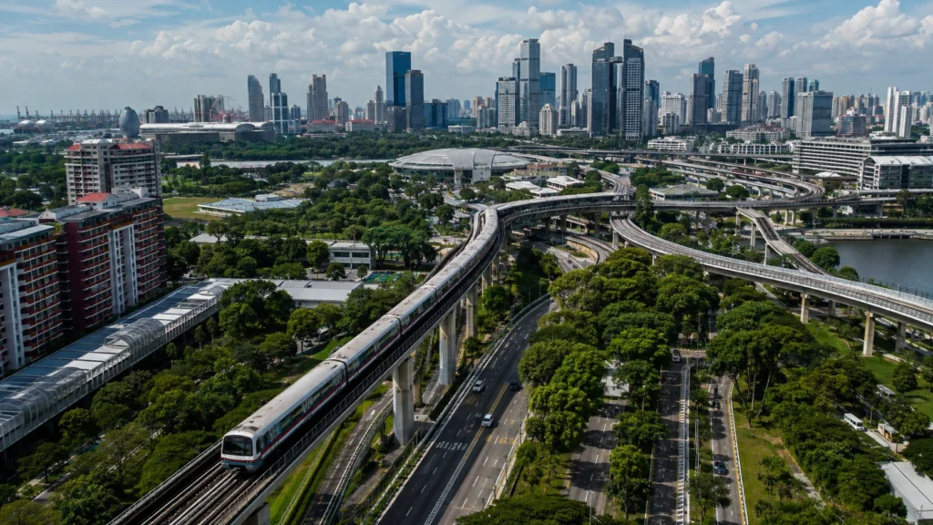 Singapore MRT Network Expansion and Future Transport Infrastructure A realistic aerial view of Singapore featuring modern MRT trains, future railway lines, residential neighborhoods, business districts, and the iconic city skyline under a bright blue sky.