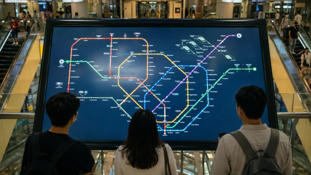 Overhead Singapore MRT network map displayed on a digital information screen inside a modern MRT station with commuters checking train routes.

