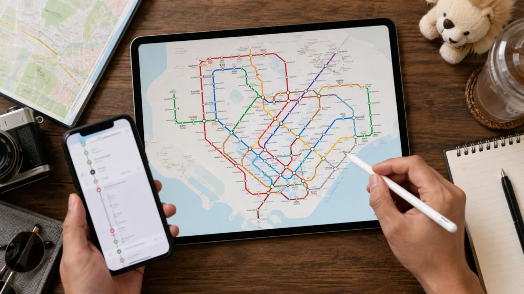 Singapore MRT network map on digital screen for travel route planning