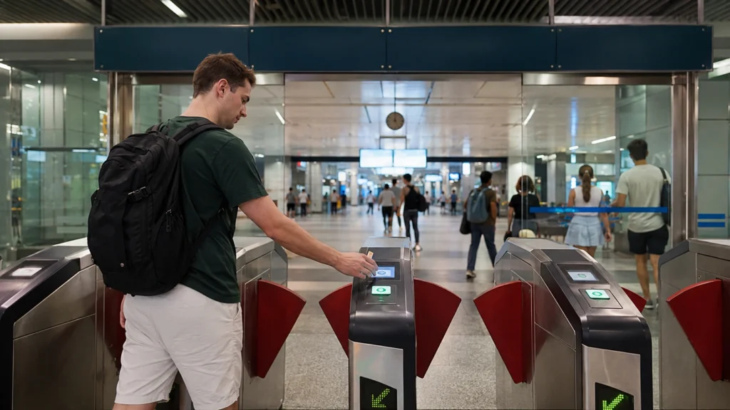 International tourist using a contactless bank card at a Singapore MRT station fare gate