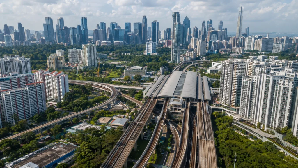 Singapore MRT Infrastructure and Modern Rail Network Aerial view of Singapore MRT infrastructure featuring elevated train tracks, underground rail connections, modern MRT stations, and the Singapore skyline.