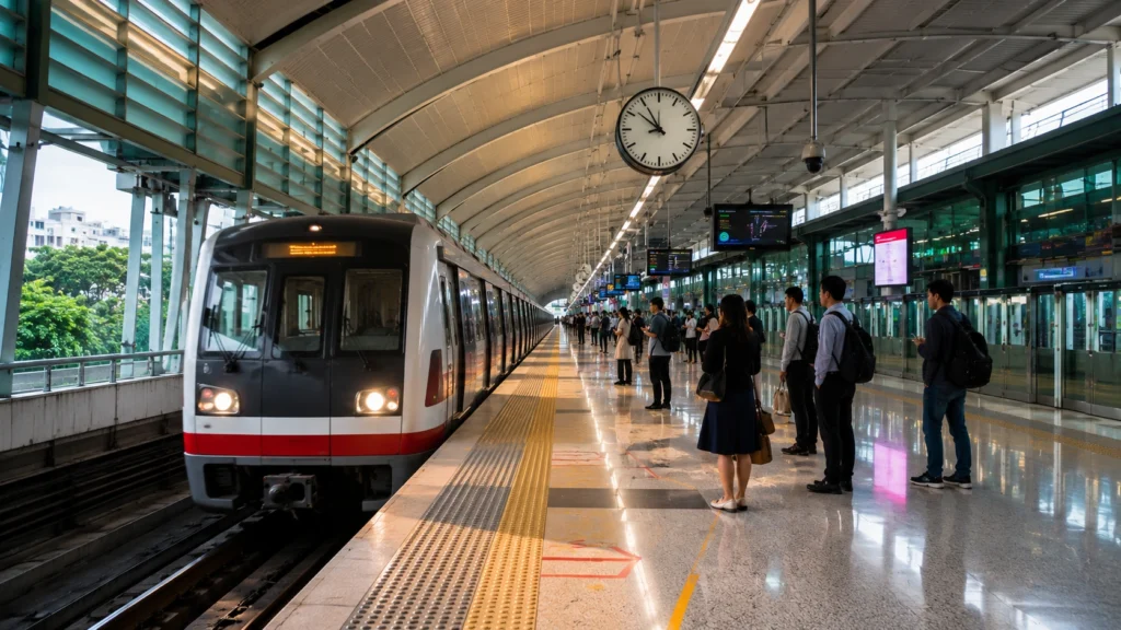 Singapore MRT Morning Service and Train Timings Singapore MRT morning service with commuters waiting for a train at a modern station platform