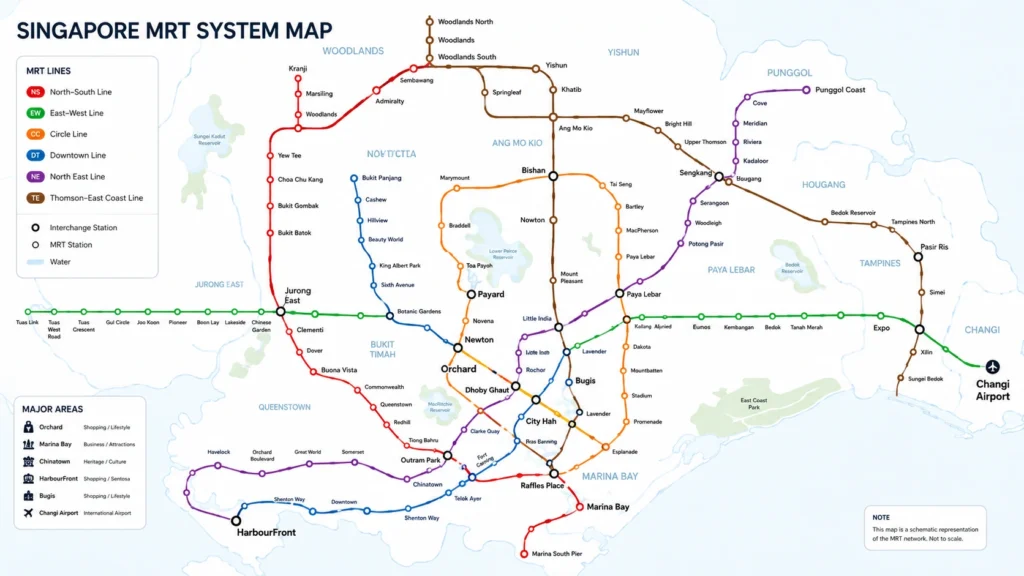 Singapore MRT Network Map 2026 Singapore MRT network map showing major MRT lines, interchange stations, Orchard, Marina Bay, Chinatown, HarbourFront, Bugis and Changi Airport.
