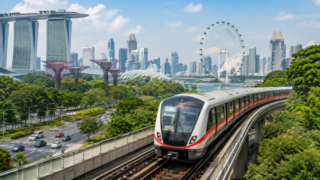Singapore MRT Map and Travel Guide 2026 Singapore MRT train with Marina Bay Sands, Gardens by the Bay and Singapore Flyer