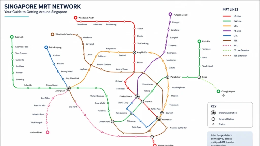 Clean educational infographic inspired by Singapore's MRT system showing multiple coloured rail lines, station nodes, interchange stations, terminal stations