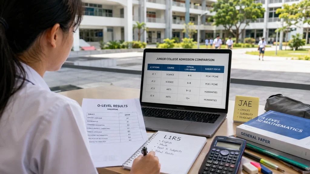 Singapore Student Planning Junior College Choices After O-Level Results Singapore student planning Junior College choices using O-Level results, L1R5 score, JAE information, calculator and admission comparison on a laptop