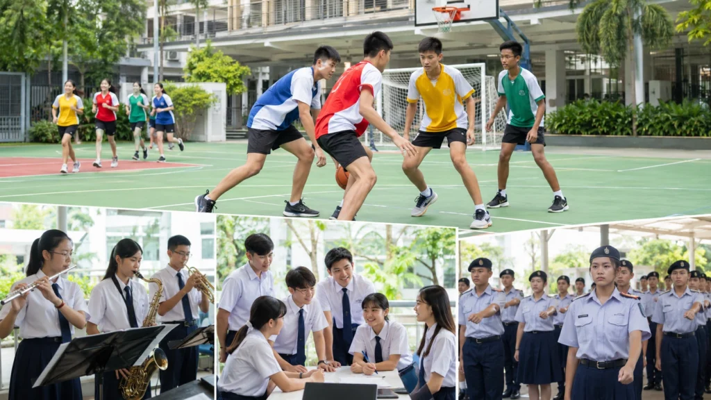 Singapore secondary school students participating in sports, music and leadership CCAs on a modern school campus