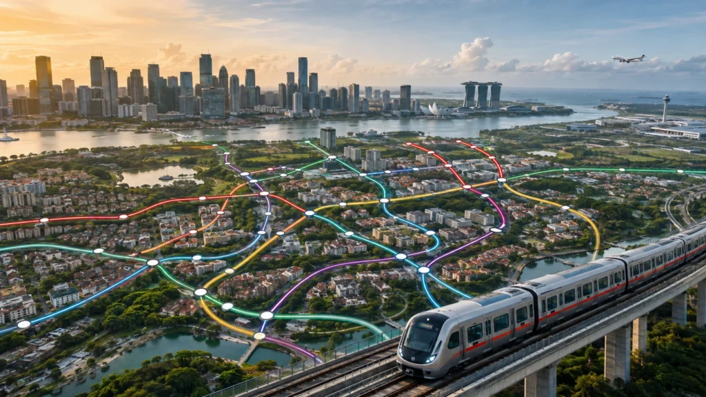 Realistic aerial view of Singapore's MRT network featuring modern MRT trains, major rail routes, residential neighborhoods, business districts, and Changi Airport with the Singapore skyline in the background.