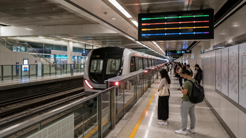 Realistic Singapore MRT train arriving at a modern underground station with commuters, digital route displays, and North-South, East-West, Circle, Downtown, and Thomson-East Coast Line signage.