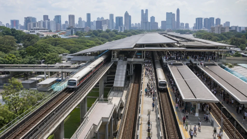Busy Singapore MRT interchange station with multiple trains, platforms and city skyline