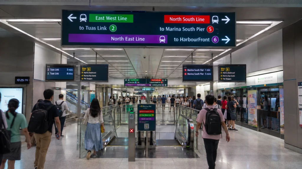 Singapore MRT Interchange Station and Train Connections Modern Singapore MRT interchange station with passengers, escalators, train platforms and multiple MRT line connections.