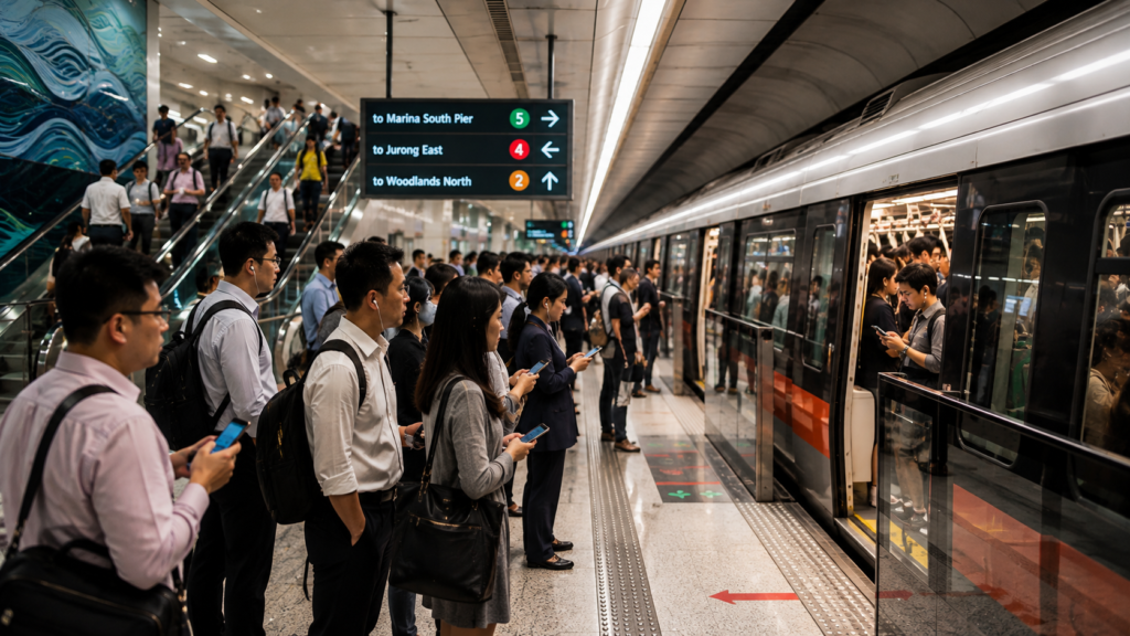 Singapore MRT Rush Hour Commuters Singapore MRT station during rush hour with office workers and commuters waiting beside a train on a busy underground platform.