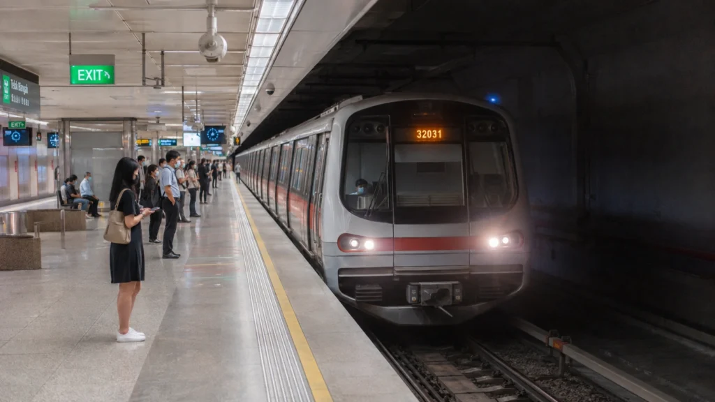 Singapore MRT train arriving at a modern underground station with passengers waiting on the platform