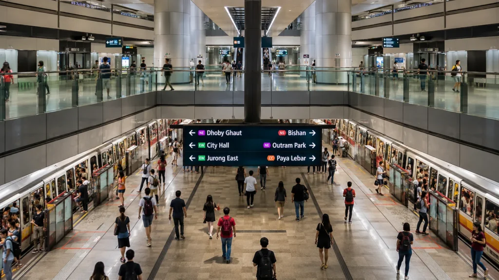 Spacious Singapore MRT interchange station with multiple connected platforms, commuters walking between trains, and modern directional signs inside a clean contemporary transport hub.