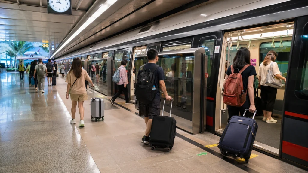 Singapore MRT train connection from Changi Airport with travellers carrying luggage at a modern MRT station.