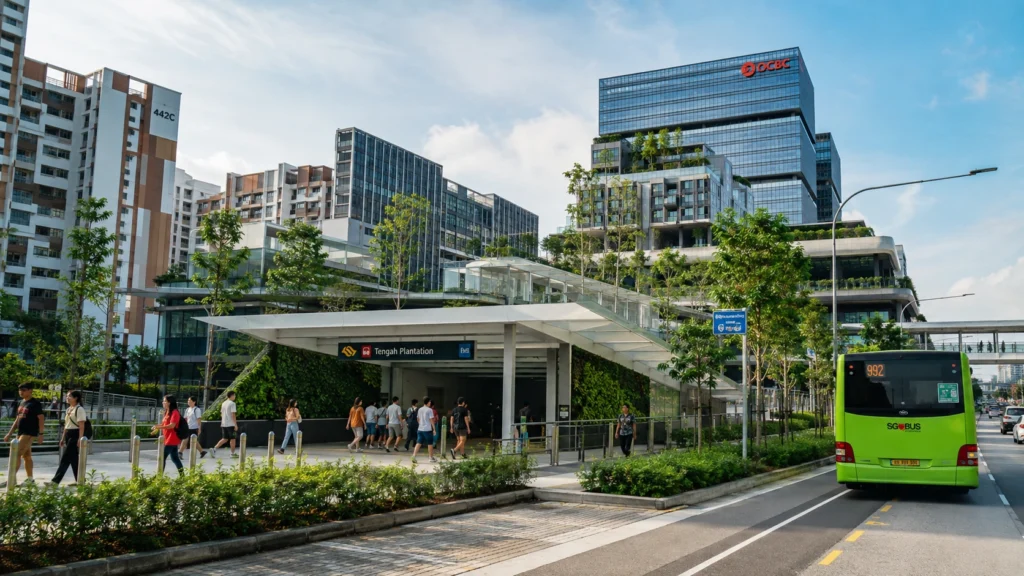 Singapore MRT Urban Development and Smart City Infrastructure Modern Singapore MRT station surrounded by new HDB housing estates, green parks, business buildings, commuters, and smart transport infrastructure in a Tengah and Jurong-inspired urban development area.