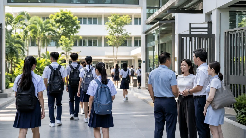 Singapore secondary school students entering a modern school campus with parents discussing school choices