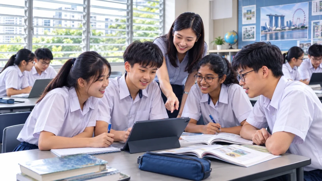 Diverse Singapore secondary school students studying together with a teacher in a modern classroom
