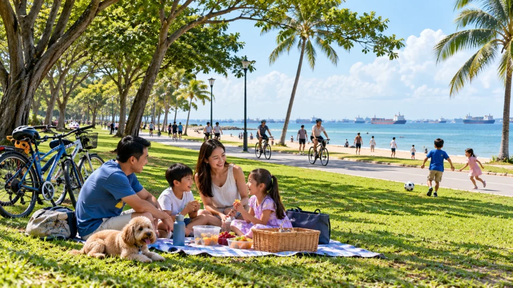 Family Day at East Coast Park Singapore Family enjoying a picnic and outdoor activities at East Coast Park Singapore