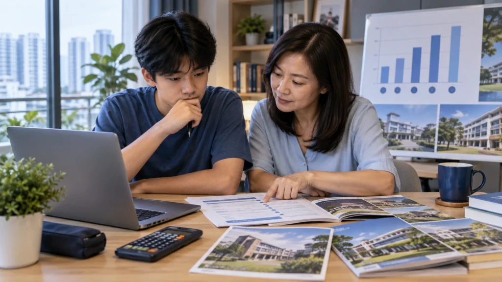 Singapore student and parent reviewing JC admission choices and L1R5 scores for JAE planning.