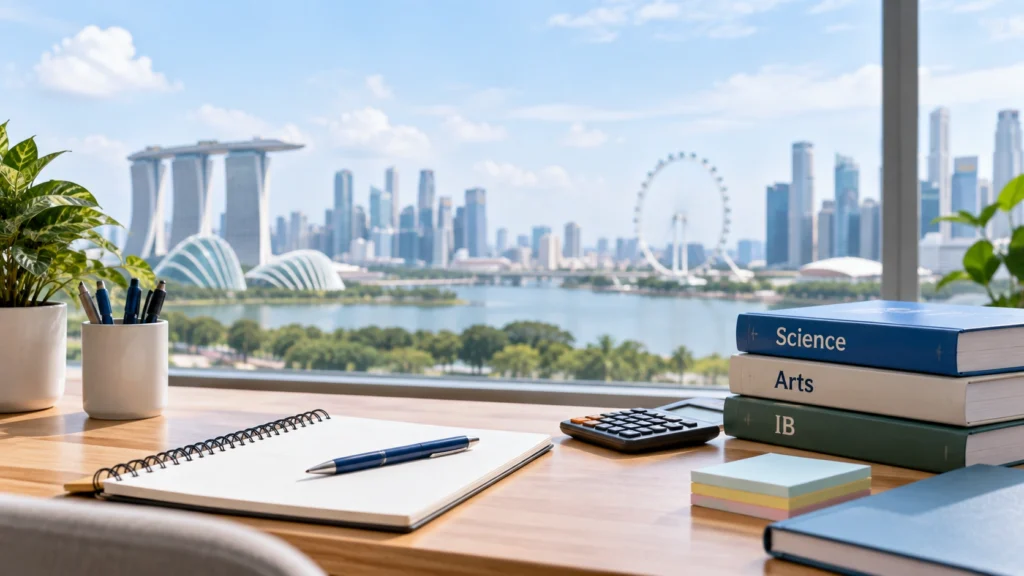 JC Cut Off Points 2024 Singapore Study desk with textbooks, notebook, and calculator overlooking Singapore’s skyline, representing JC cut off points 2024.