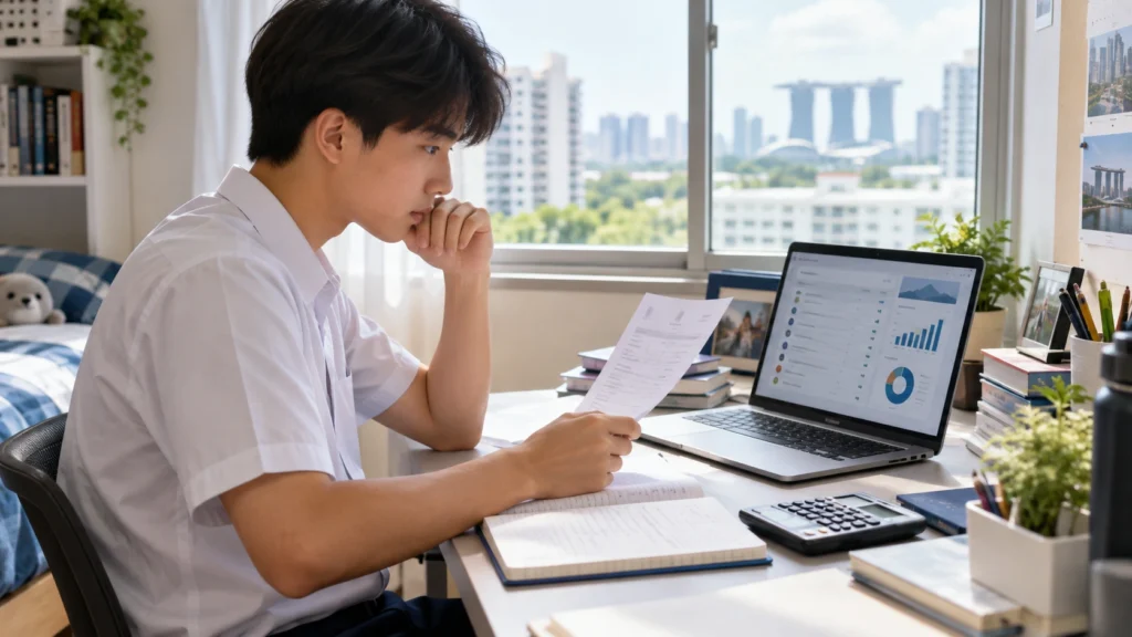 JC Cut Off Points 2025 Singapore Singapore secondary school student reviewing O-Level results and comparing Junior College admission options on a laptop.