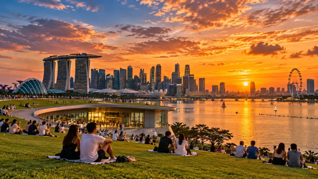 Marina Barrage at Sunset Singapore Marina Barrage Singapore at sunset with Green Roof and Marina Bay skyline