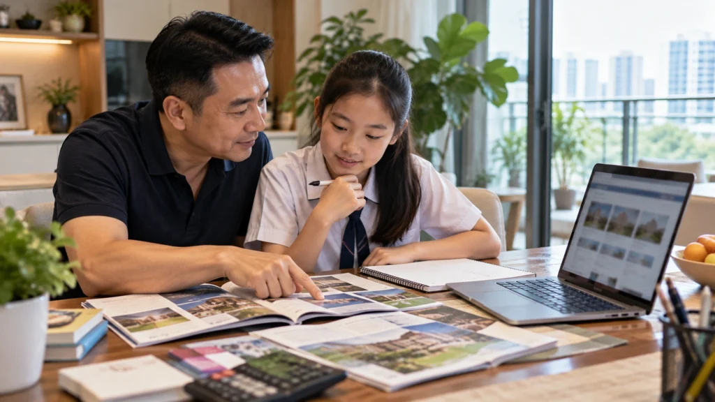 Primary 6 student and parent comparing secondary school options in Singapore after receiving PSLE results.