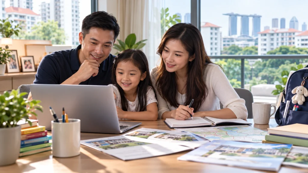 Singapore parents researching and choosing a primary school with their child at home