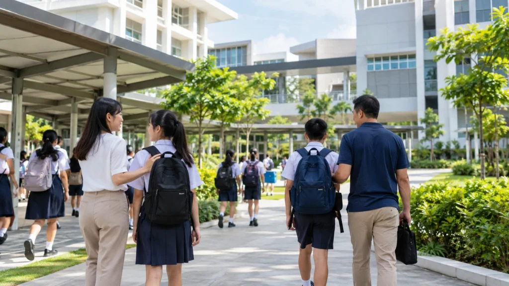 Secondary school cut-off point 2024 Singapore with students entering a secondary school campus