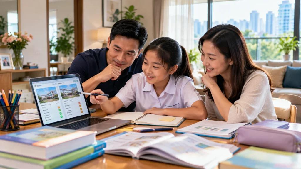 A Singapore family reviewing secondary school options together after receiving PSLE results.