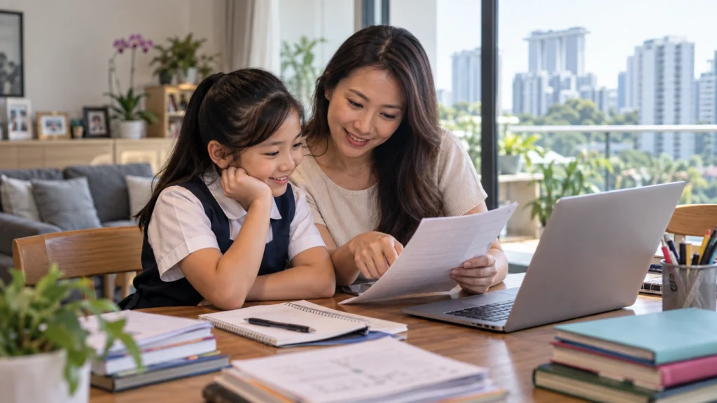 PSLE Results and Secondary School Options Singapore Singapore primary school student reviewing PSLE results and secondary school options with a parent at home.