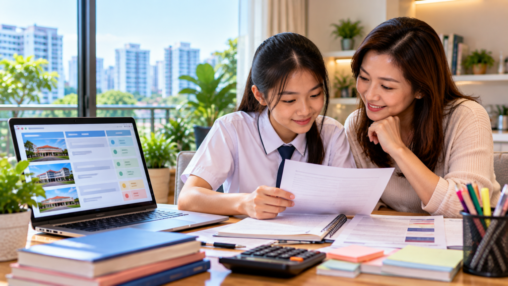Secondary School Cut Off Point Singapore Singapore student and parent reviewing PSLE results and comparing secondary school choices at home