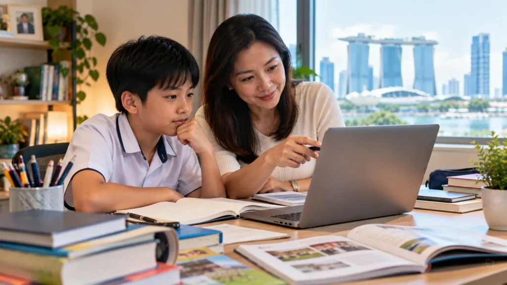 Singapore Primary 6 student and parent reviewing secondary school options after PSLE results