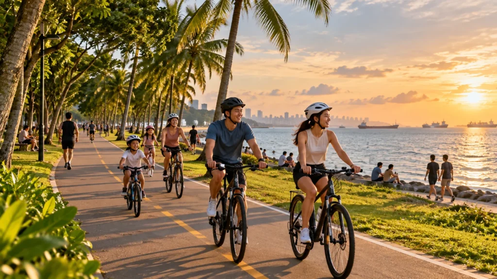 Cycling at East Coast Park Singapore Families and young adults cycling at East Coast Park Singapore along the seaside cycling path